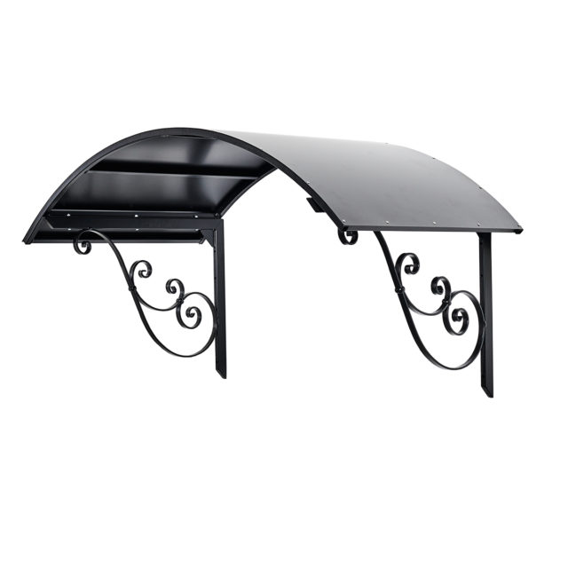 Musta kaareva ovikatos. Katos oven päälle.