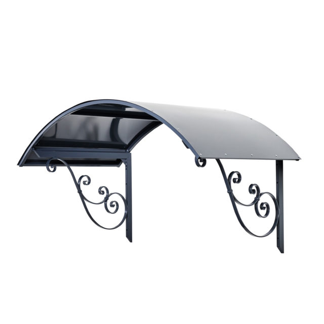 Tummanharmaa kaareva ovikatos.